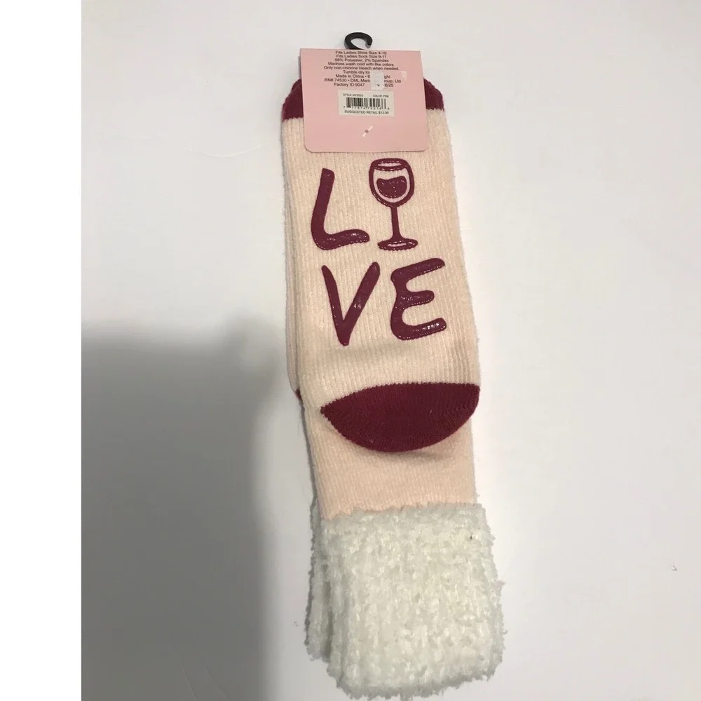LeGale Pink Wine Glass Love Sherpa Lined Slipper Socks Non-Slip Grippers